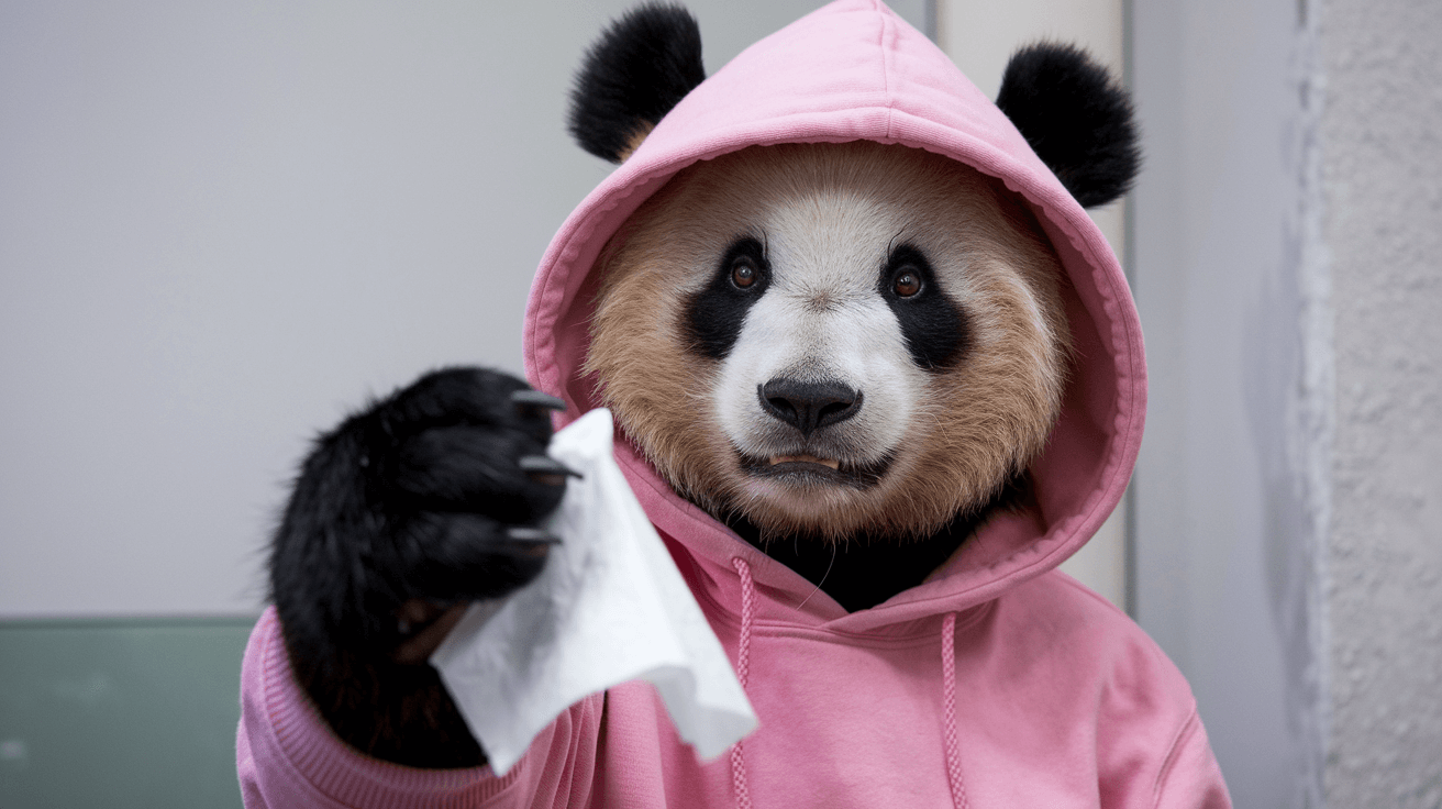 Trauriger Panda reicht ein Taschentuch